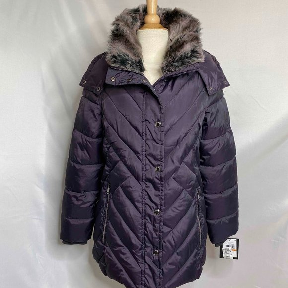 london fog faux fur trim hooded zip puffer down jacket